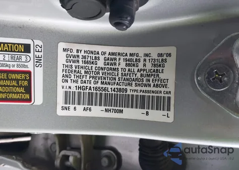 2006 Honda Civic Lx from USA, damaged, VIN 1HGFA16556L143809